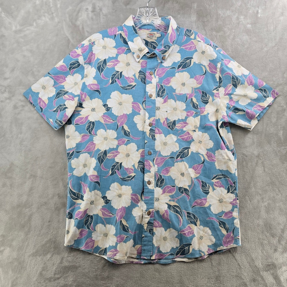 Faherty Button Down Shirt Mens Large Blue Hawaiian Floral Hemp Short Sleeve - Picture 2 of 8